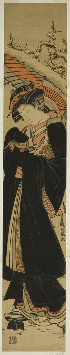 Young Woman with Umbrella Walking in Snow, c. 1777. Creator: Isoda Koryusai