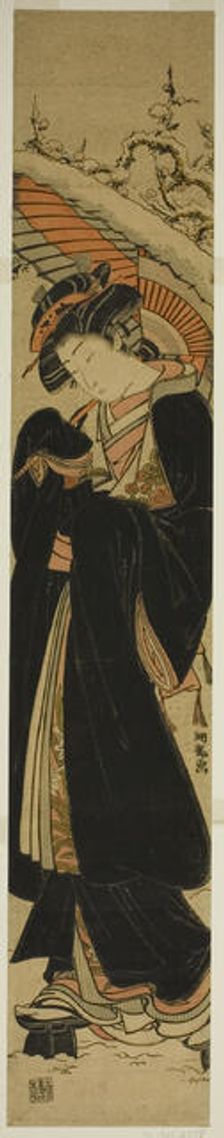Young Woman with Umbrella Walking in Snow, c. 1777. Creator: Isoda Koryusai