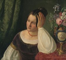 Young woman with vase of flowers, 1841. Creator: Imrich Emanuel Roth