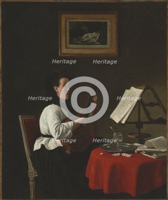 Young Woman with a Mandolin, Portrait of Louison Köhler, c. 1873-1874. Creator: François Bonvin (French, 1817-1887).