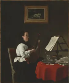 Young Woman with a Mandolin, Portrait of Louison Köhler, c. 1873-1874. Creator: François Bonvin (French, 1817-1887)