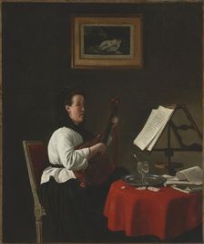 Young Woman with a Mandolin, Portrait of Louison Köhler, c. 1873-1874. Creator: François Bonvin (French, 1817-1887)