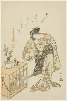 Young Woman with a Caged Monkey (Calendar Print for New Year 1776), Japan, 1776. Creator: Shunsho