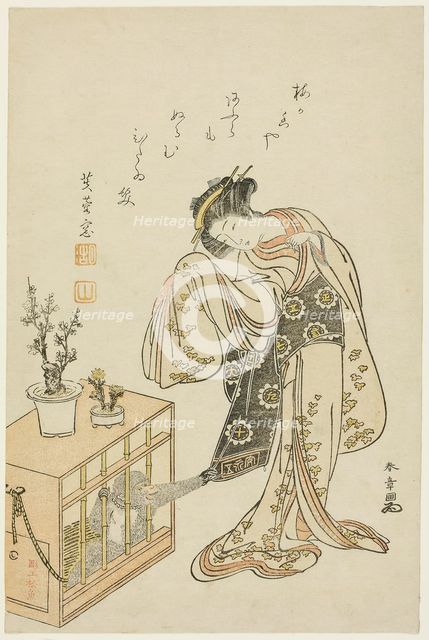 Young Woman with a Caged Monkey (Calendar Print for New Year 1776), Japan, 1776. Creator: Shunsho.