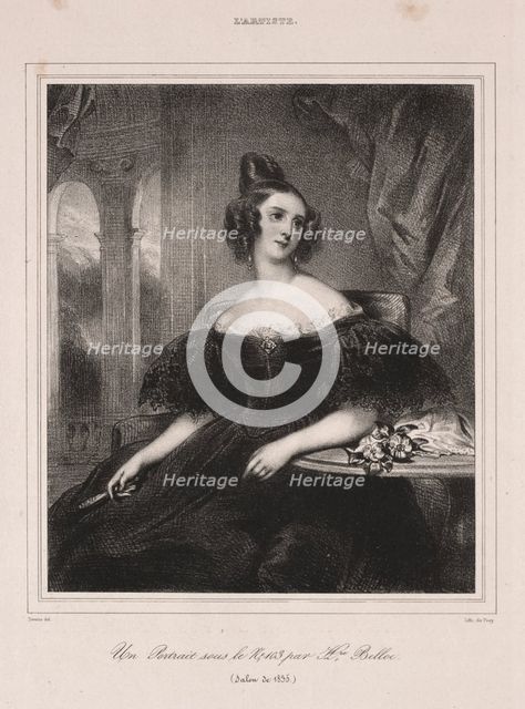 Young Woman with a Fan Seated at a Table, 1835. Creator: Achille Devéria (French, 1800-1857).