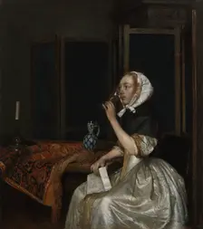 Young woman with a glass of wine, holding a letter in her hand, c1665. Creator: Gerard Terborch II