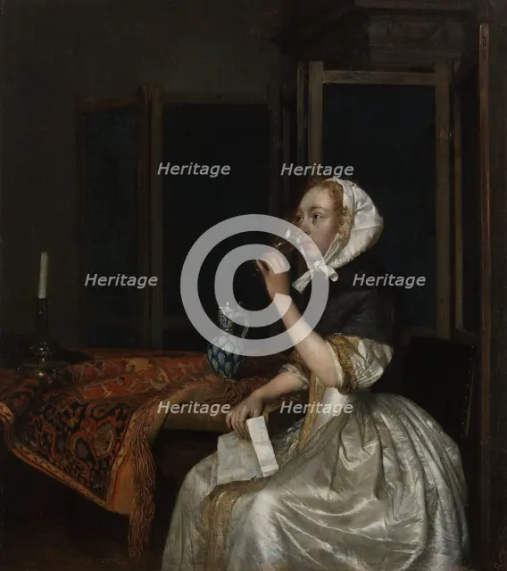 Young woman with a glass of wine, holding a letter in her hand, c1665. Creator: Gerard Terborch II.