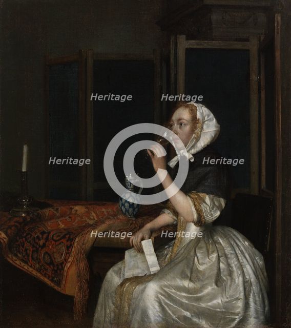 Young woman with a glass of wine, holding a letter in her hand, c1665. Creator: Gerard Terborch II.