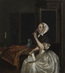 Young woman with a glass of wine, holding a letter in her hand, c1665. Creator: Gerard Terborch II