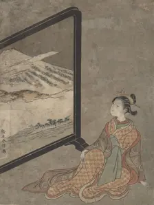 Young Woman with a Pipe in Her Hand Gazing at Landscape Painted on a Screen. Creator: Suzuki Harunobu