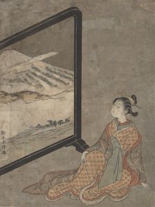 Young Woman with a Pipe in Her Hand Gazing at Landscape Painted on a Screen. Creator: Suzuki Harunobu