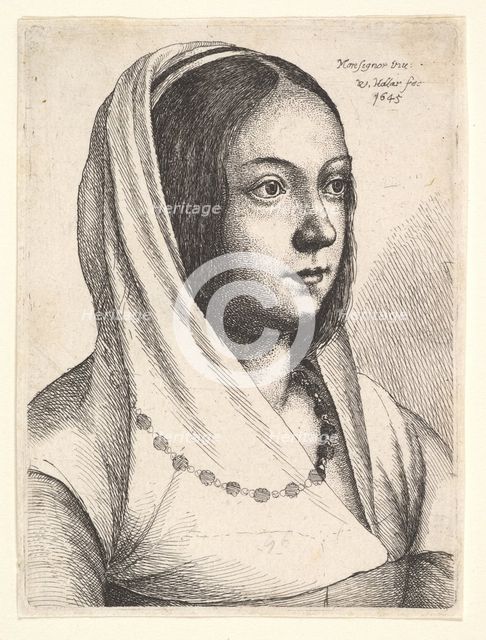Young woman with a scarf on her head, after Bonsignori, 1645. Creator: Wenceslaus Hollar.