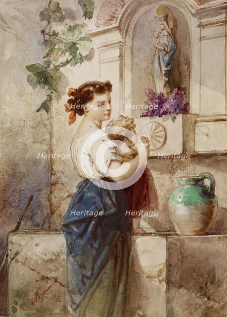 Young Woman with Baby Beside Wall, 19th century. Creator: Edouard de Beaumont.