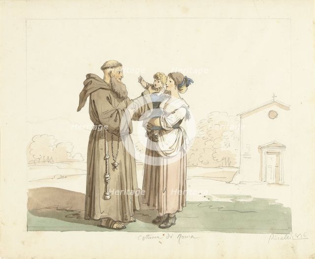 Young woman with child standing in front of a monk, 1816. Creator: Bartolomeo Pinelli.