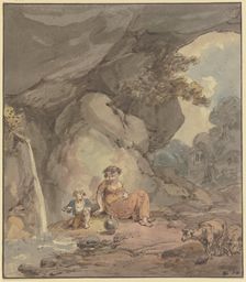 Young woman with her child resting by a rock spring, two sheep to the right, c1790s. Creator: Franz Joseph Manskirsch