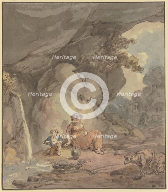 Young woman with her child resting by a rock spring, two sheep to the right, c1790s. Creator: Franz Joseph Manskirsch.