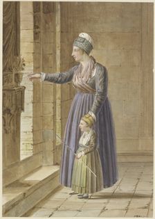 Young woman with her daughter in Provençal dress at a church window, c1810-1850. Creator: Pierre Huard
