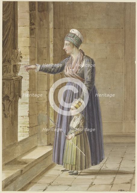 Young woman with her daughter in Provençal dress at a church window, c1810-1850. Creator: Pierre Huard.