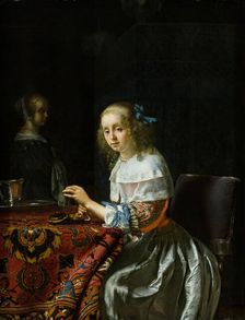 Young Woman Threading Pearls, 1658. Creator: Mieris, Frans van, the Elder (1635-1681)
