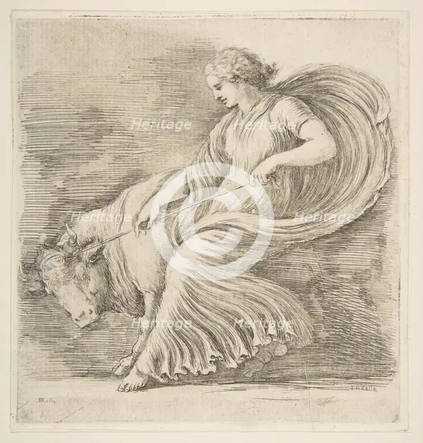Young Woman Trying to Stop a Bull, ca. 1660. Creator: Stefano della Bella.