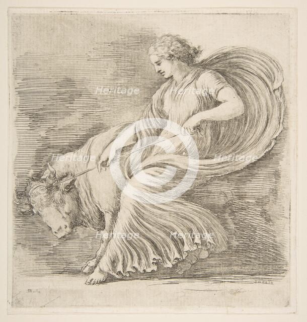 Young Woman Trying to Stop a Bull, ca. 1660. Creator: Stefano della Bella.