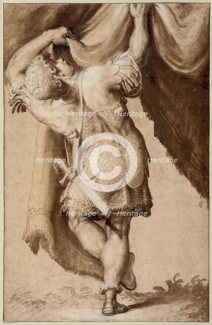 Young Warrior, Seen from Behind, Lifting a Curtain, 1550/55. Creator: Francesco Salviati.