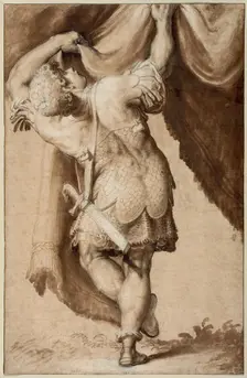 Young Warrior, Seen from Behind, Lifting a Curtain, 1550/55. Creator: Francesco Salviati