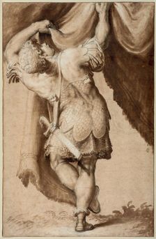 Young Warrior, Seen from Behind, Lifting a Curtain, 1550/55. Creator: Francesco Salviati