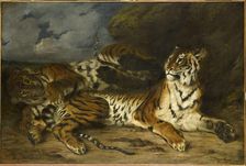 Young Tiger Playing with Its Mother, 1830. Creator: Delacroix, Eugène (1798-1863)