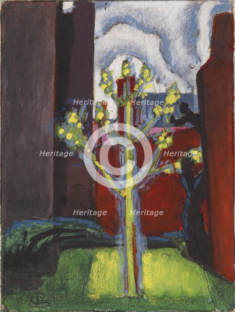 Young Tree in Red Courtyard, 1919. Creator: Oscar Bluemner.