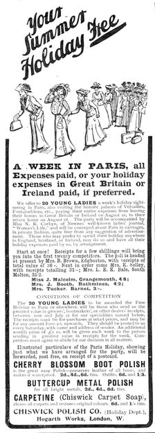 Your Summer Holiday Free - a week in Paris, all expenses paid, 1909. Creator: Unknown