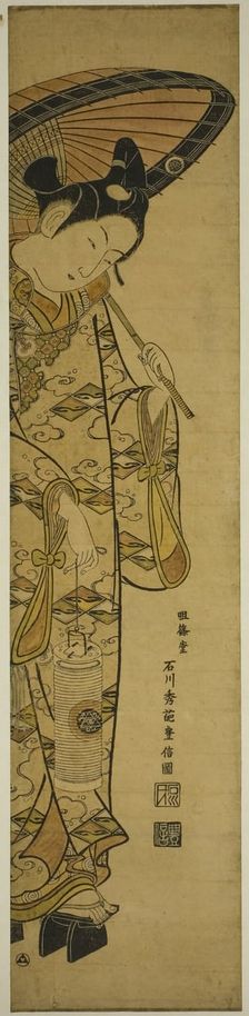 Youth Carrying a Lantern and an Umbrella, 1740s. Creator: Ishikawa Toyonobu