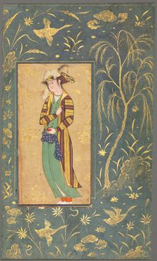 Youth Holding a Pomegranate; Illustration from a Single Page Manuscript, c.1600-1650. Creator: Riza-yi Abbasi (Iranian), style of