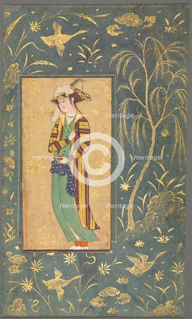 Youth Holding a Pomegranate; Illustration from a Single Page Manuscript, c.1600-1650. Creator: Riza-yi Abbasi (Iranian), style of.