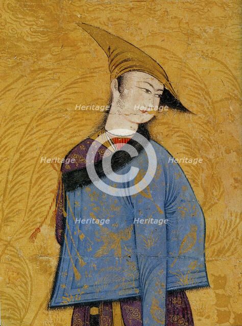 Youth wearing a short fur-lined coat over his shoulder, 1640s.  Artist: Muhammad Yusuf