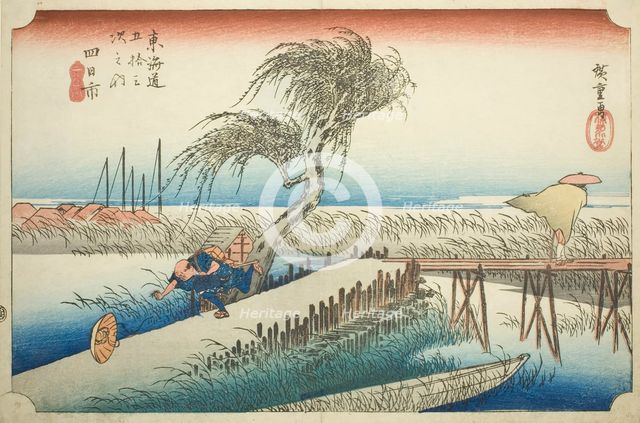 Yokkaichi: Mie River (Yokkaichi, Miegawa), from the series "Fifty-three Stations of..., c. 1833/34. Creator: Ando Hiroshige.