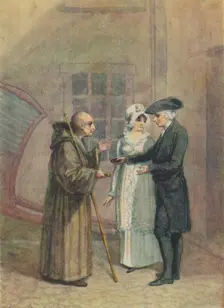 Yorik, the Monk and Madame L- in the Inn Courtyard at Calais c1760s, (1942). Creator: Adam Buck