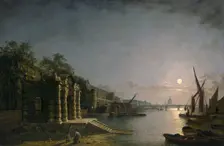 York Water Gate and the Adelphi from the River by Moonlight c1850. Creator: Henry Pether