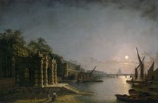 York Water Gate and the Adelphi from the River by Moonlight c1850. Creator: Henry Pether