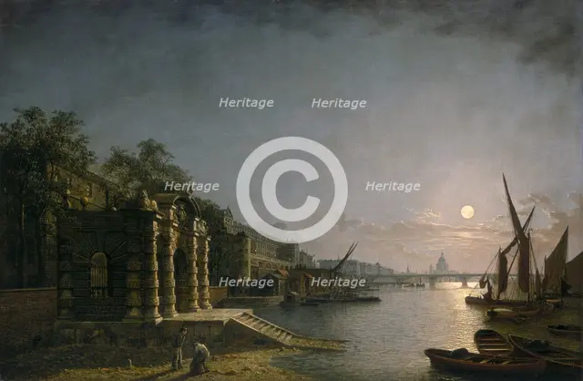 'York Water Gate and the Adelphi from the River by Moonlight', c1850.  Creator: Henry Pether.