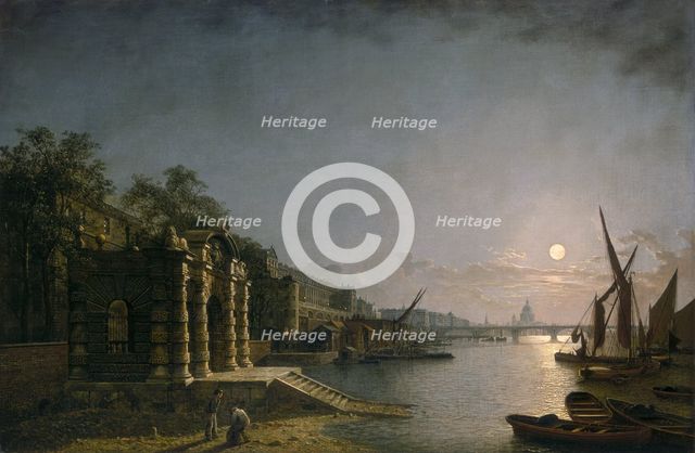 'York Water Gate and the Adelphi from the River by Moonlight', c1850.  Creator: Henry Pether.