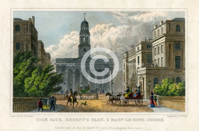 York Gate, Regent's Park, and Mary-le-Bone Church, London, 1827. Artist: H Wallis