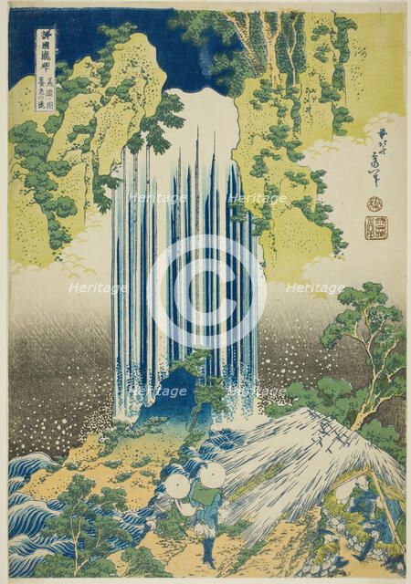 Yoro Falls in Mino Province (Mino no Yoro no taki), from the series "A Tour of Waterfalls..., c1833. Creator: Hokusai.