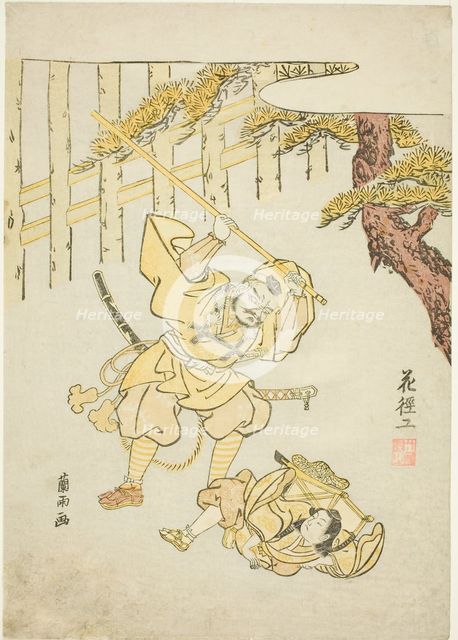 Yoshitsune and Benkei at Ataka barrier, 1765. Creator: Ran-u.
