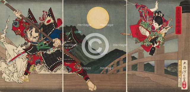 Yoshitsune and Benkei at Gojo Bridge, 1881. Creator: Tsukioka Yoshitoshi.