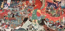 Yoshitsune Leaps Over Eight Boats at Dannoura Bay during the Battle of Yashima, 19th century. Creator: Tsukioka Yoshitoshi