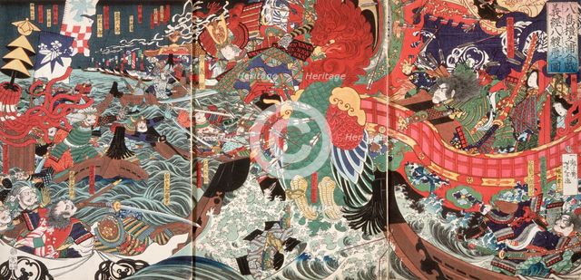 Yoshitsune Leaps Over Eight Boats at Dannoura Bay during the Battle of Yashima, 19th century. Creator: Tsukioka Yoshitoshi.