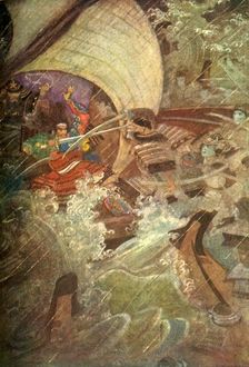 Yoshitune and Benkei attacked by a ghostly company of the Taira Clan 1912. Creator: Evelyn Paul