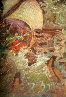 Yoshitune and Benkei attacked by a ghostly company of the Taira Clan 1912. Creator: Evelyn Paul
