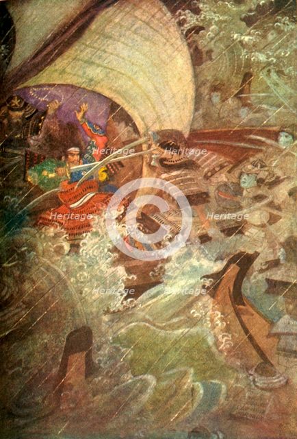 'Yoshitune and Benkei attacked by a ghostly company of the Taira Clan', 1912. Creator: Evelyn Paul.